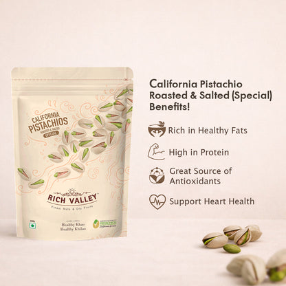 Roasted and salted California pistachios with health benefits highlights and Rich Valley branding concept