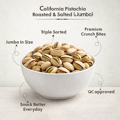 Bowl of roasted and salted pistachios with quality certification text on a light background