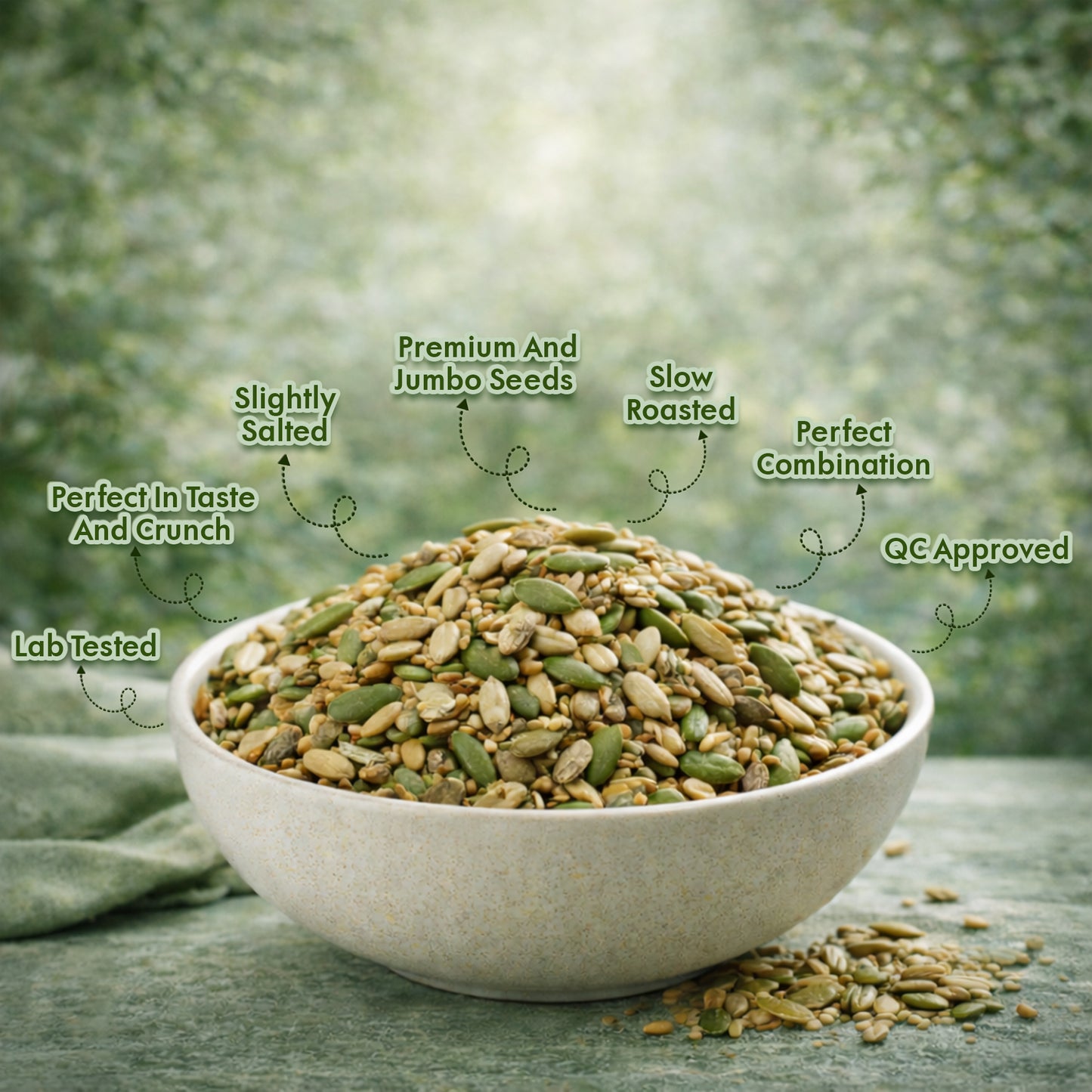 Bowl of roasted seeds with quality attributes on green background