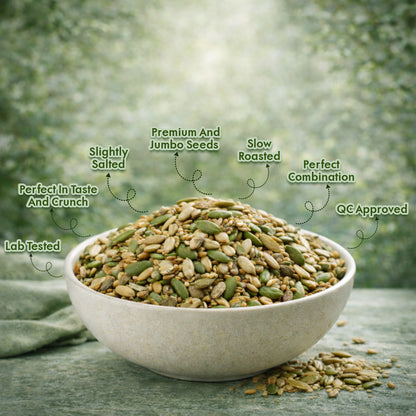 Bowl of roasted seeds with quality attributes on green background
