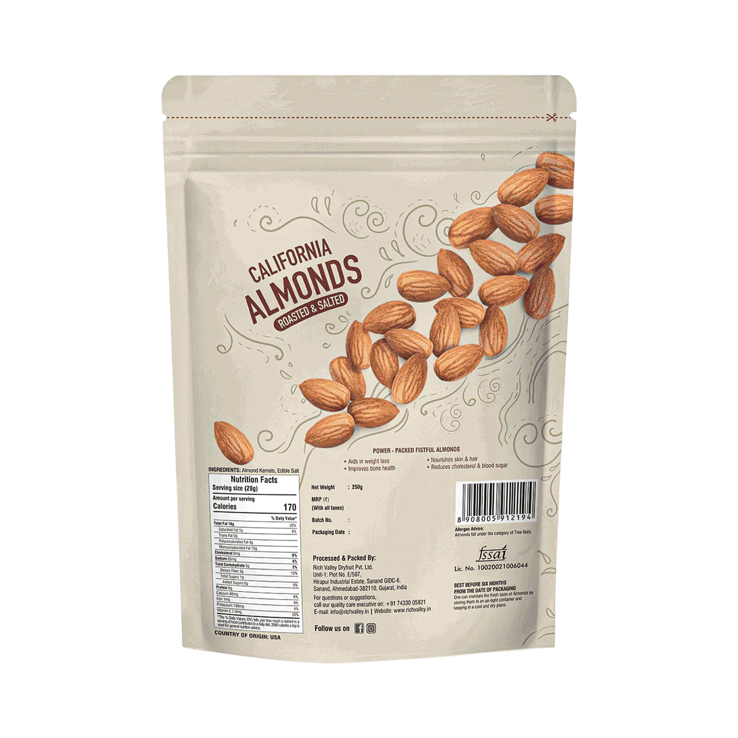 California Almond (Roasted & Salted), 250 gm Pouch