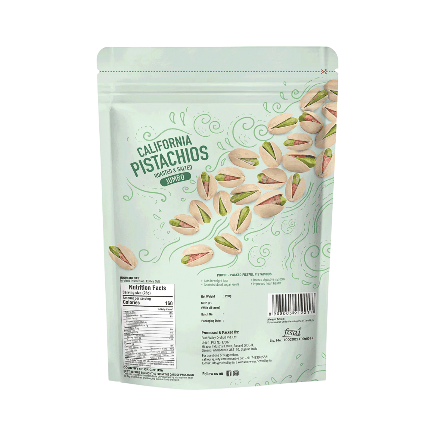 California Pistachio – Roasted & Salted (Jumbo), 250 gm Pouch