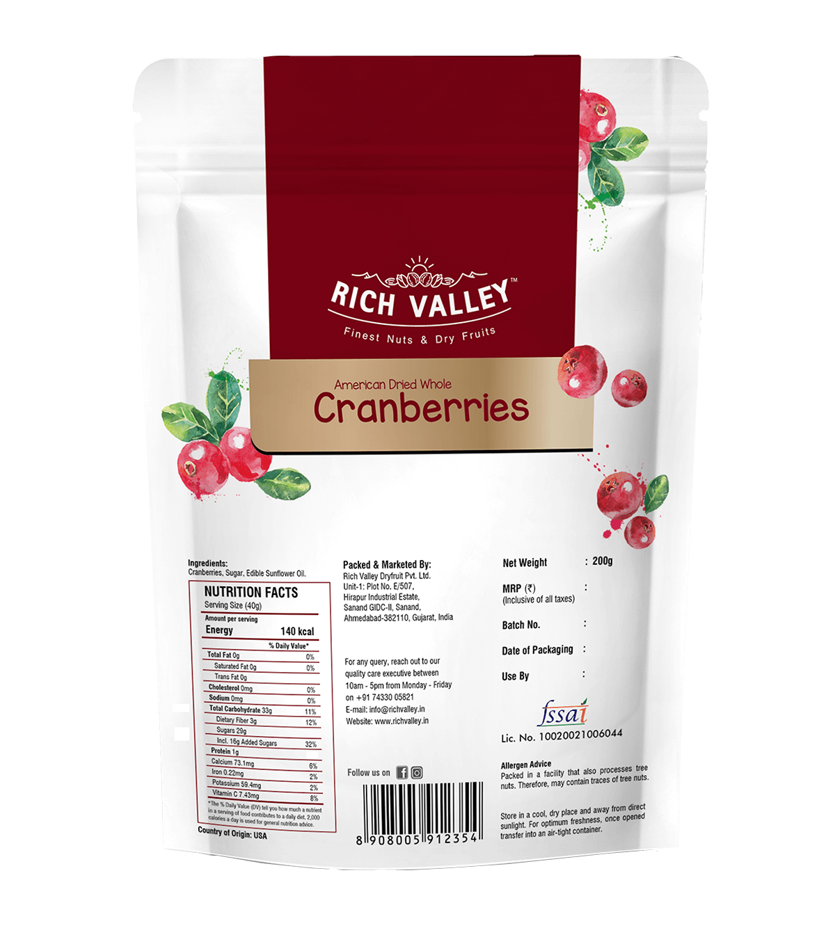 American Dried Whole Cranberries, 250 gm Pouch