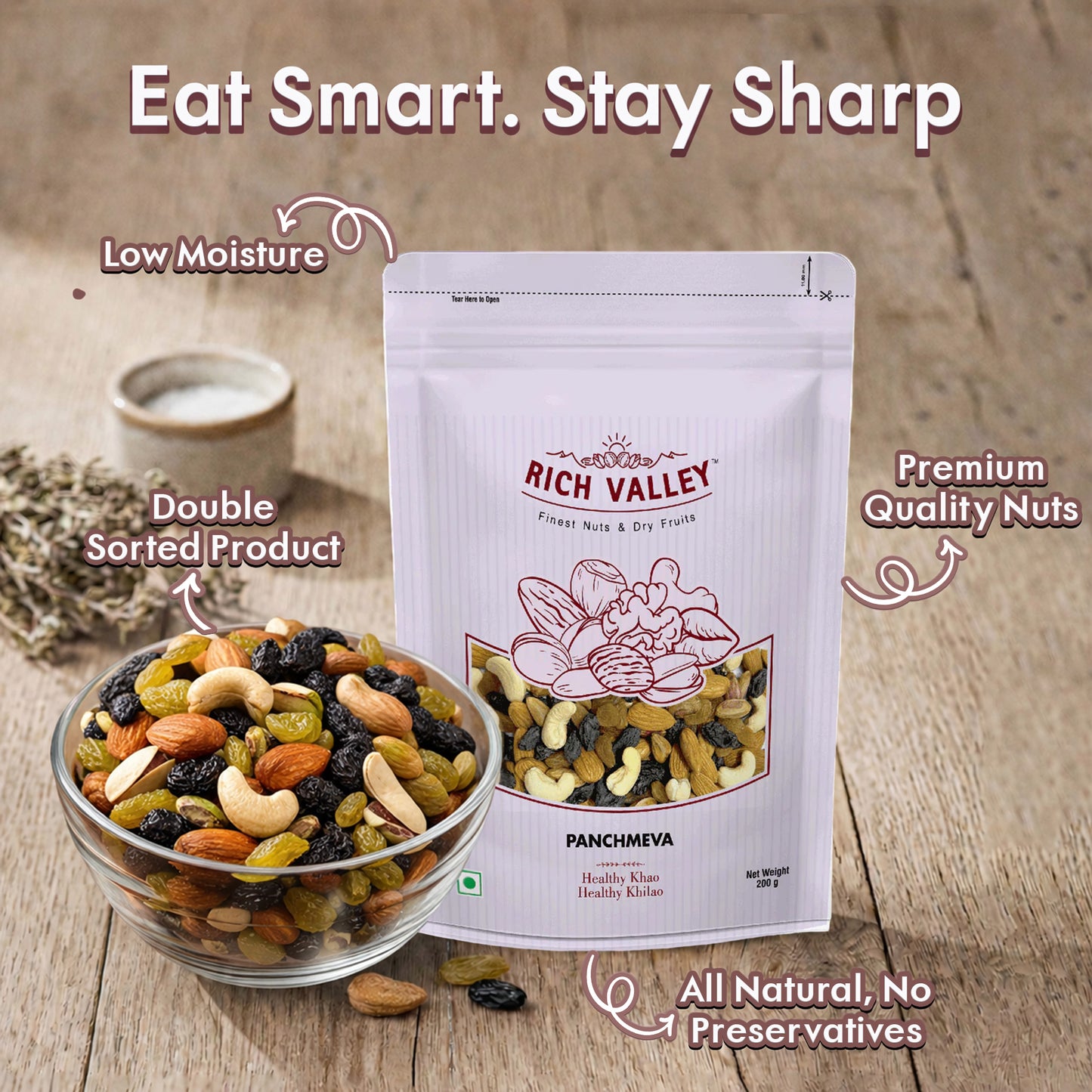 Panchmeva premium nuts and dry fruits pack with a bowl of mixed nuts, low moisture, double sorted, and all natural with no preservatives.