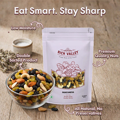 Panchmeva premium nuts and dry fruits pack with a bowl of mixed nuts, low moisture, double sorted, and all natural with no preservatives.