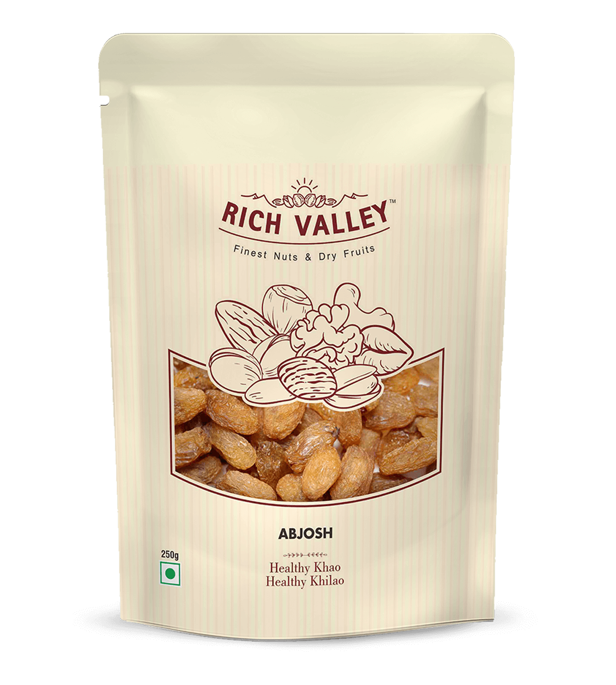 Rich Valley ABJOSH nuts packaging on black background