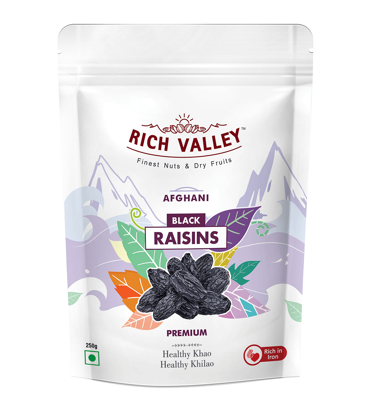 Rich Valley Afghani black raisins packaging on white background