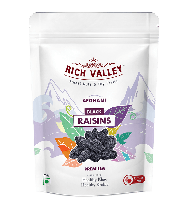 Rich Valley Afghani black raisins packaging on white background