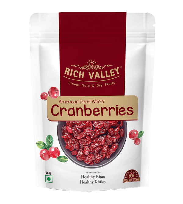 Rich Valley American dried whole cranberries packaging on white background