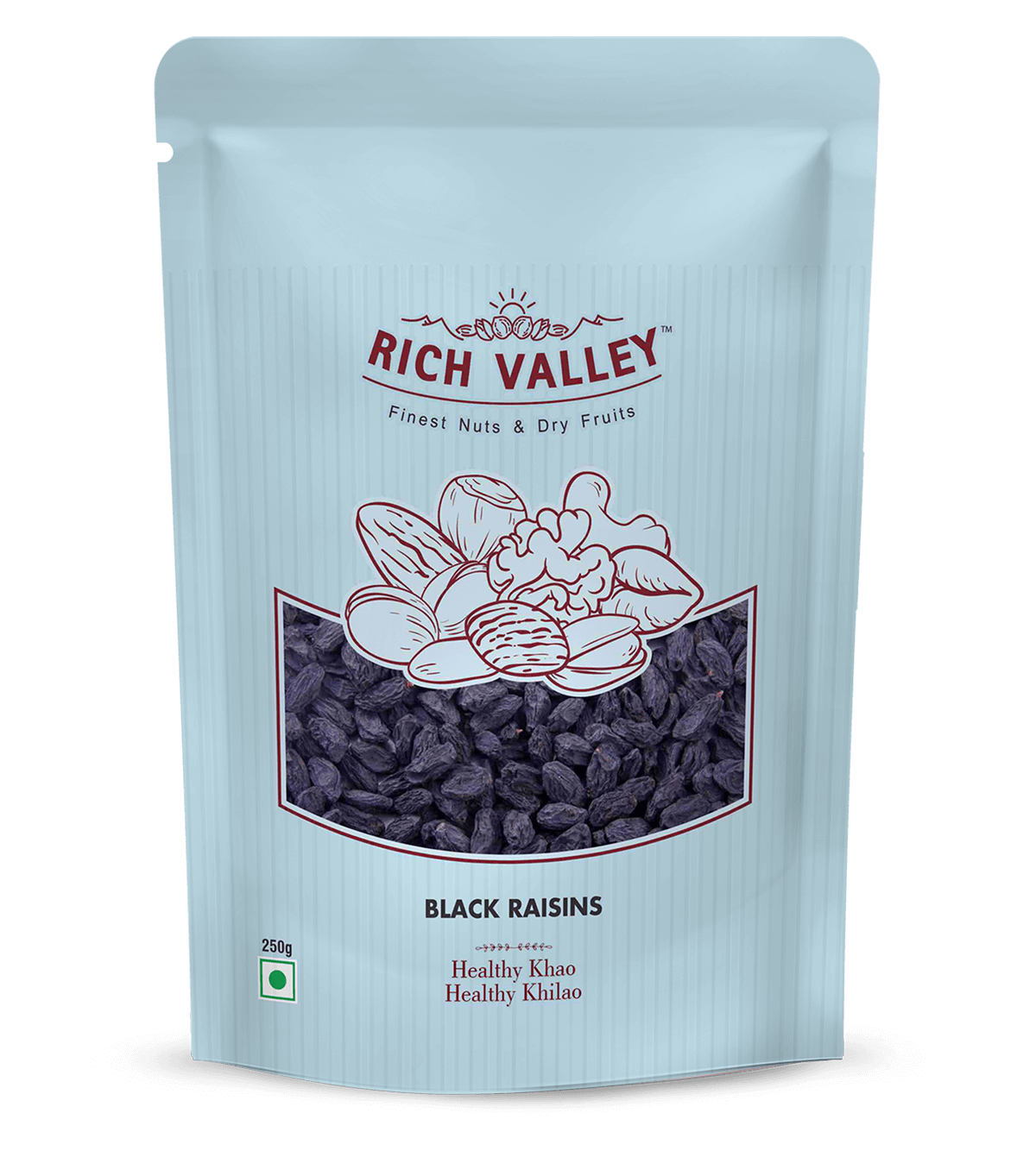 Rich Valley black raisins packaging on white background