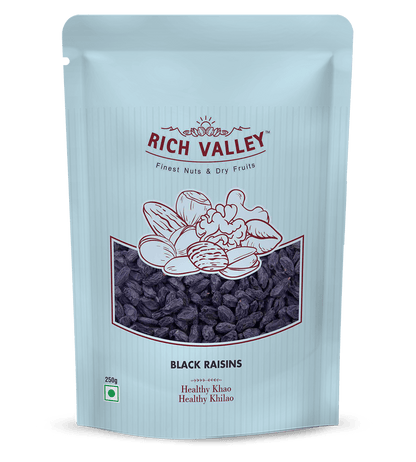 Rich Valley black raisins packaging on white background