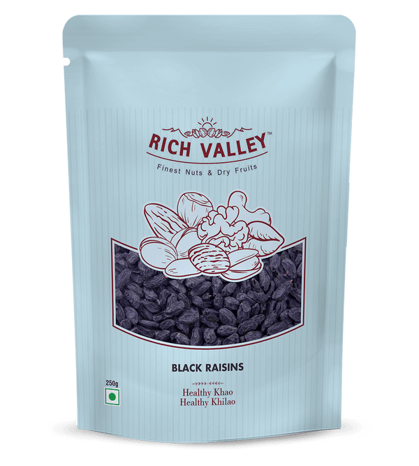 Rich Valley black raisins packaging on white background