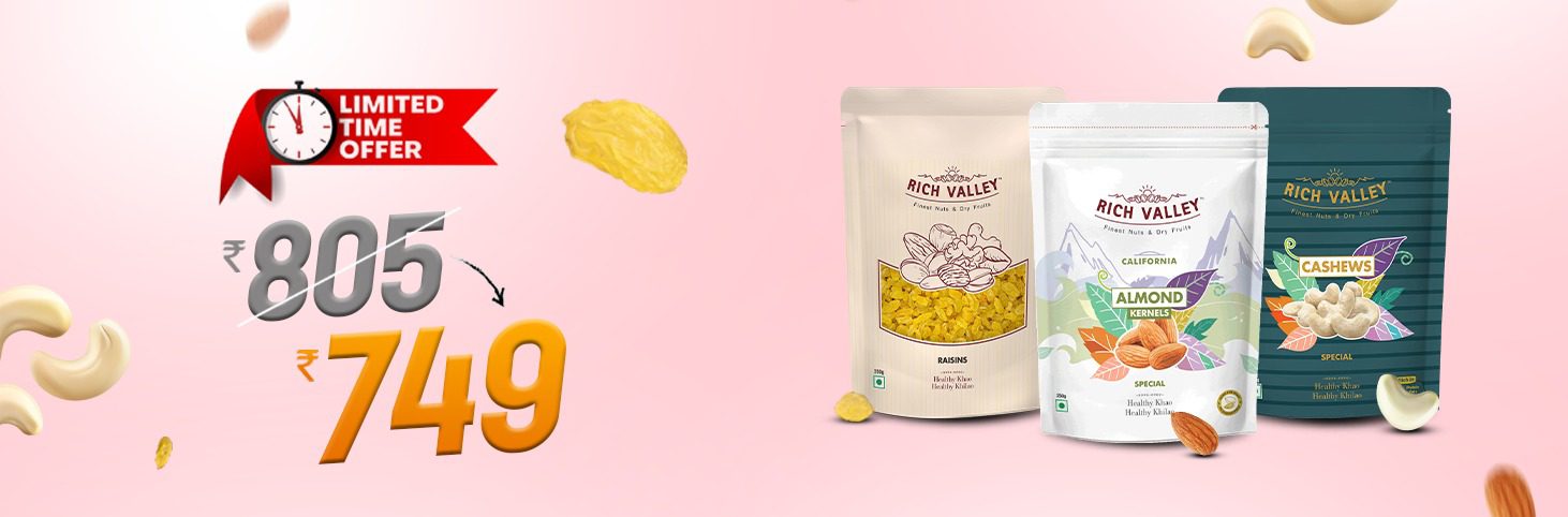 Three Rich Valley food packages with promotional text on pink background