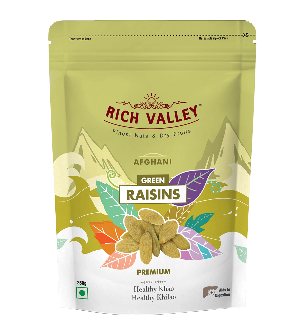 Rich Valley green raisins packaging on black background