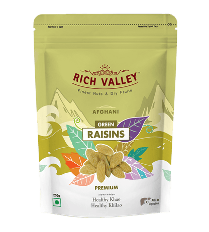 Rich Valley green raisins packaging on black background