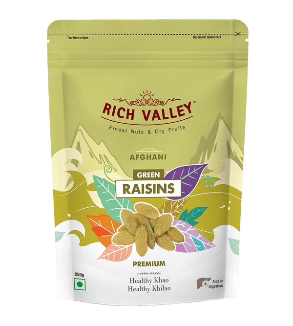 Rich Valley green raisins packaging on black background