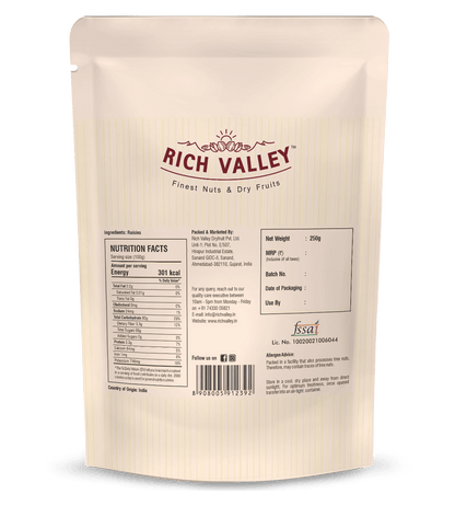Rich Valley nuts and dry fruits packaging with nutrition facts and product details on white background