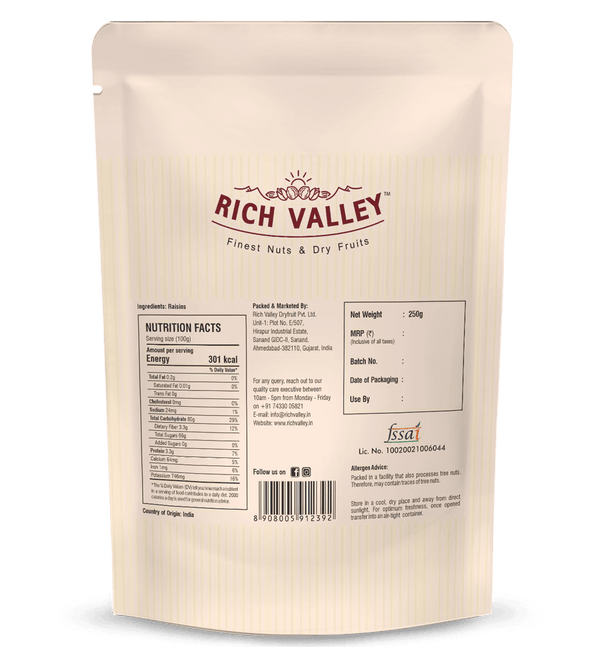 Rich Valley nuts and dry fruits packaging with nutrition facts and product details on white background