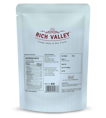 White packaging of Rich Valley nuts with nutrition facts and branding on white background