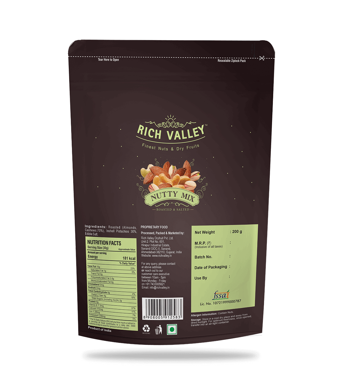Rich Valley Nutty Mix packaging with nutritional information and branding on dark background