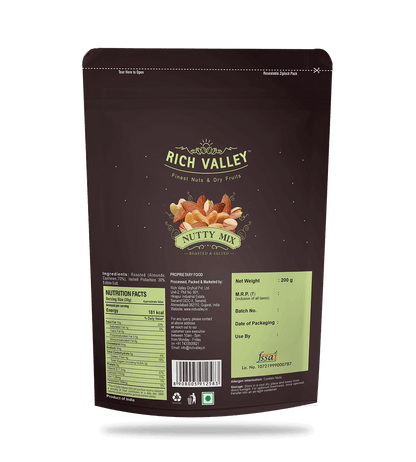 Rich Valley Nutty Mix packaging with nutritional information and branding on dark background