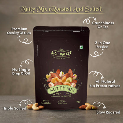 Rich Valley Nutty Mix roasted and salted nuts in 200g pouch.
