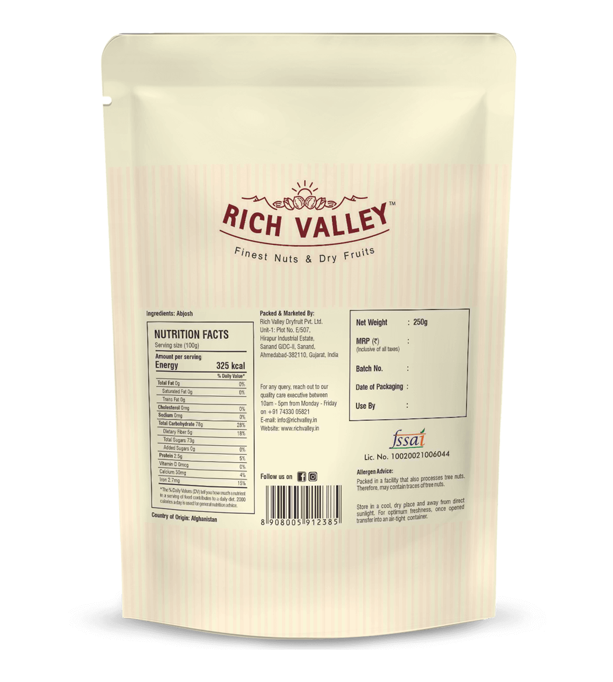 Rich Valley brand packaging with nutrition facts label on white background