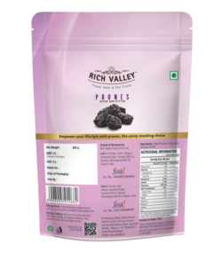 Rich Valley prunes pink packaging with nutrition information on white background