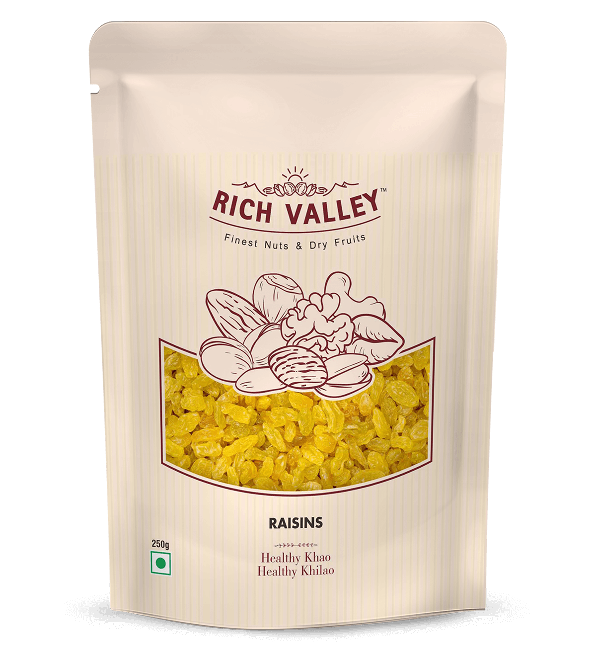 Rich Valley raisins packaging on black background
