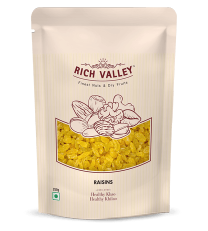 Rich Valley raisins packaging on black background