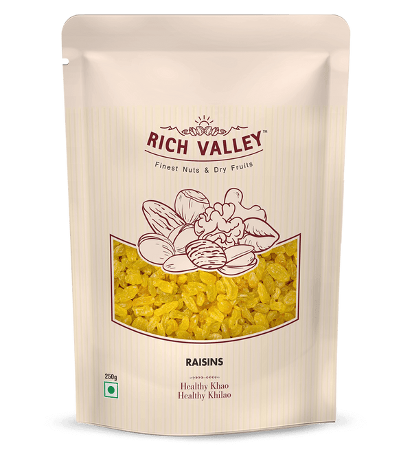 Rich Valley raisins packaging on black background