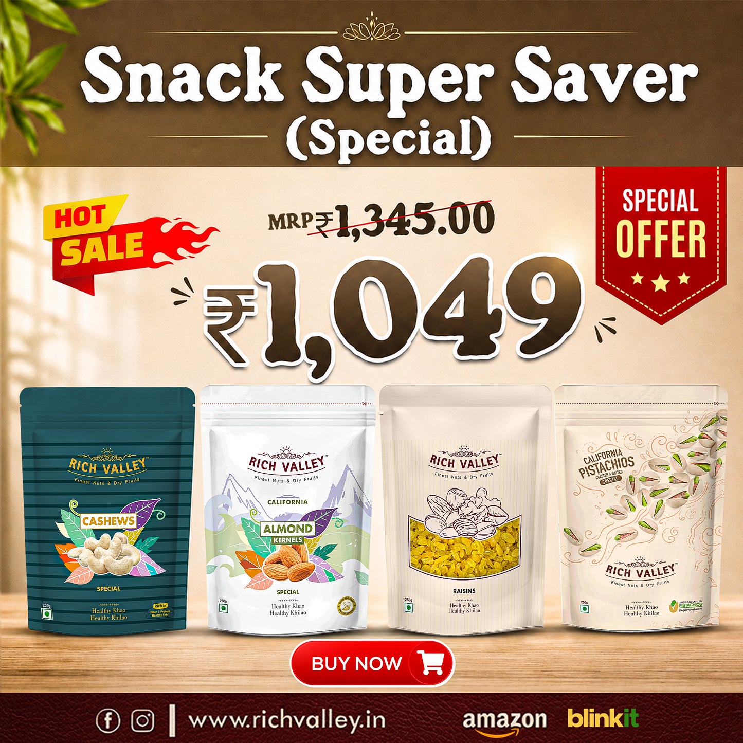 Promotional poster of Rich Valley snacks with packaging and price details