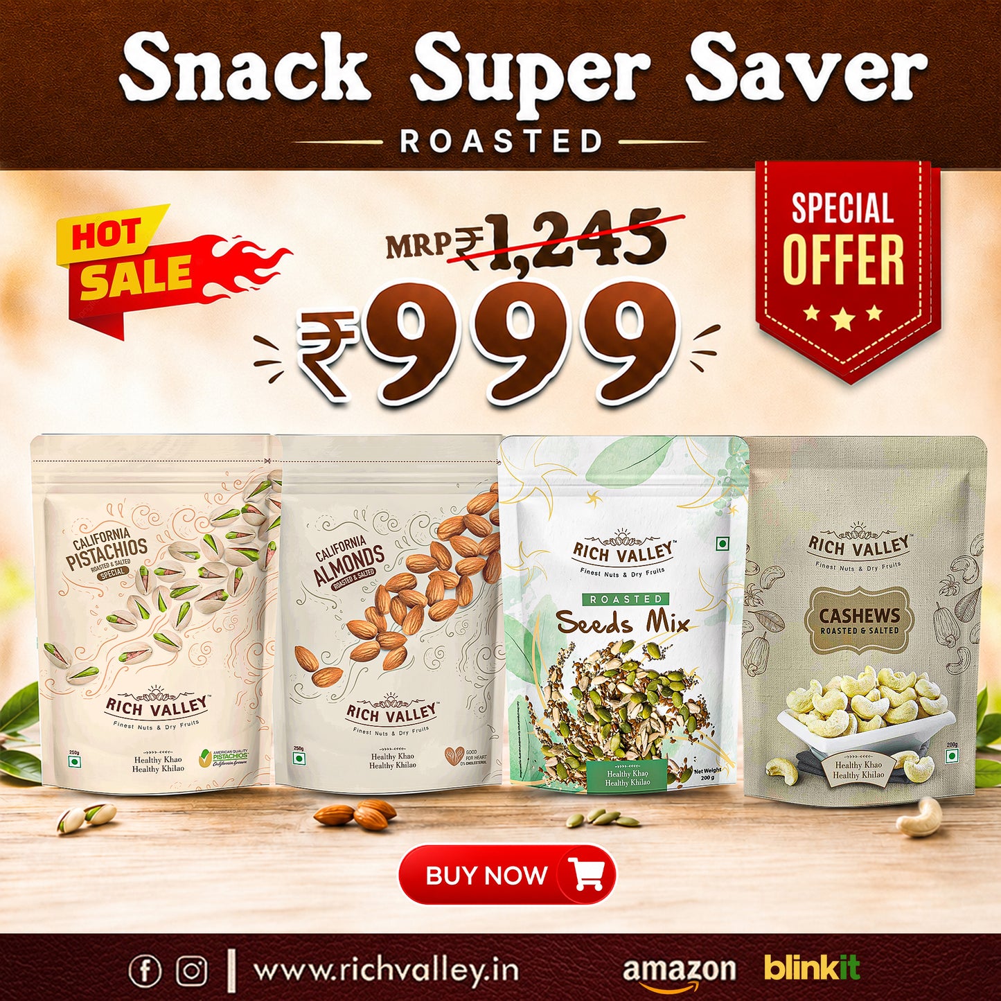 Snack Super Saver (Roasted) – Almond Roasted, Cashew Roasted, Pista Special, Seeds Mix