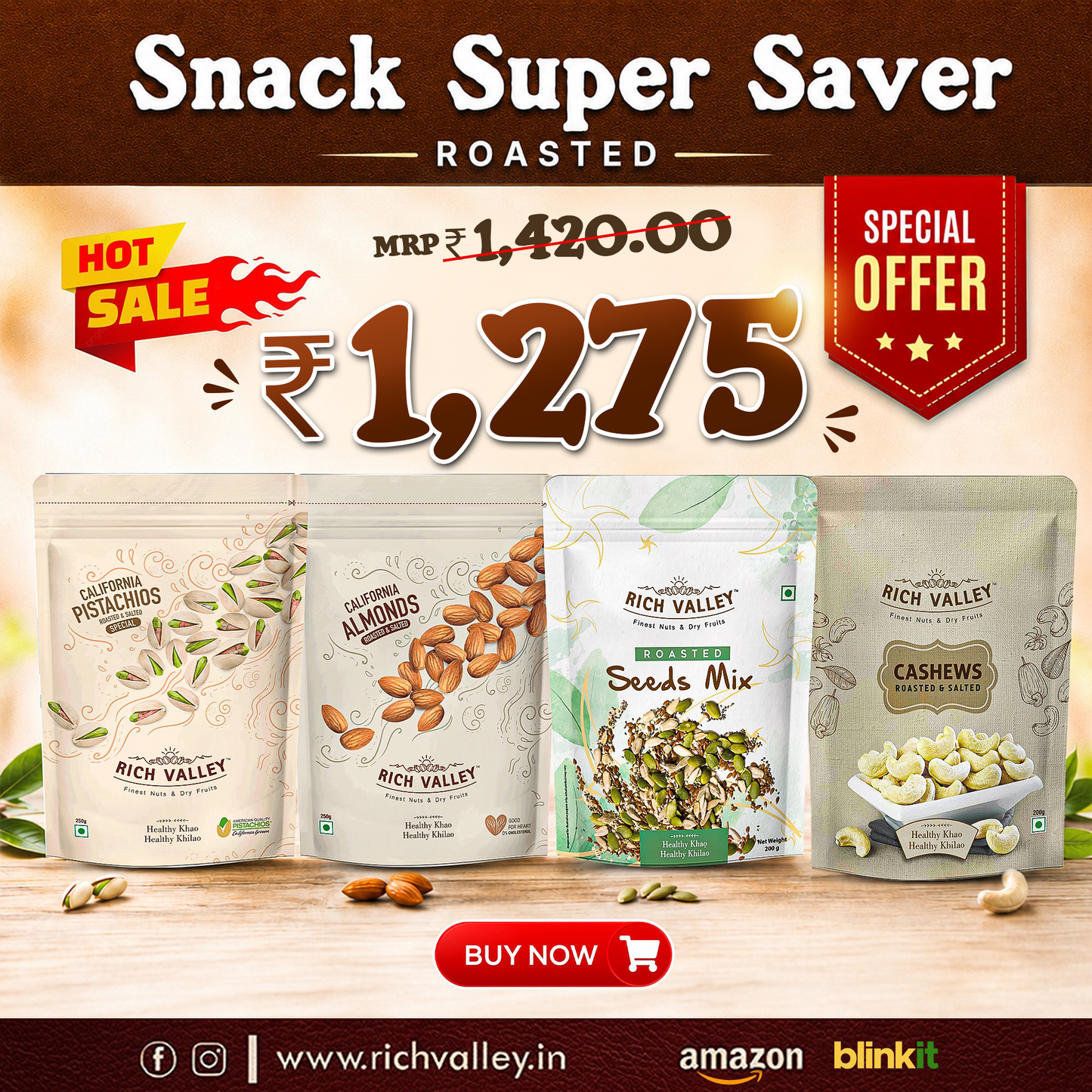 Snack Super Saver (Roasted) – Almond Roasted, Cashew Roasted, Pista Special, Seeds Mix